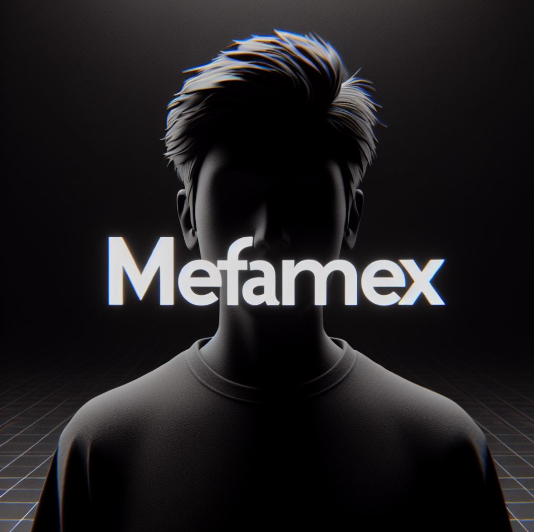 Young man in dark theme | 29.01.2025 | archive | AI-powered | Mefamex written in front of a young man in dark theme